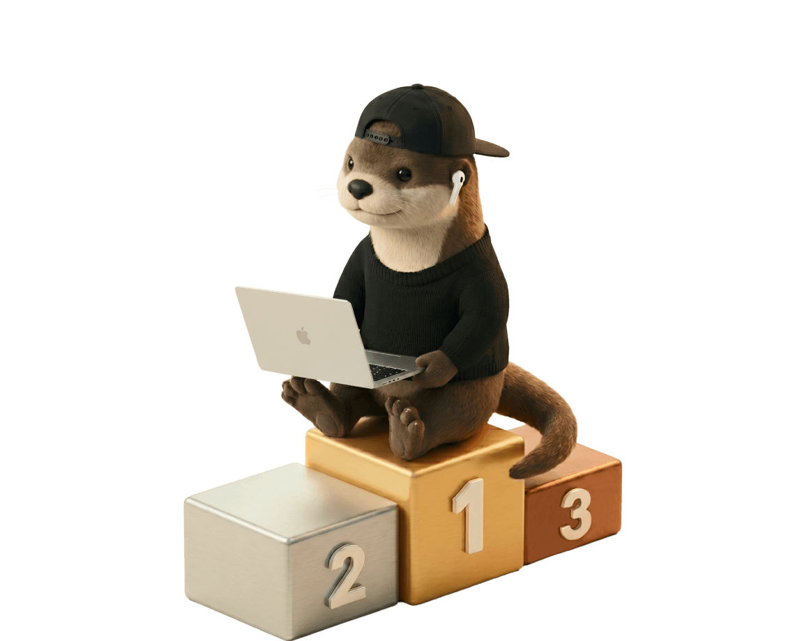 Hubi the otter on a number-one podium with a laptop