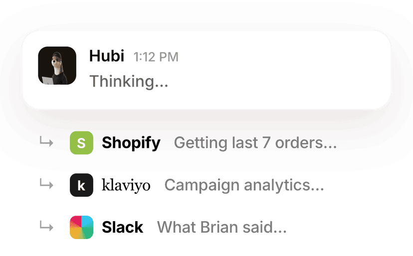 Hubi thinking - pulling Shopify orders, Klaviyo analytics and Slack context