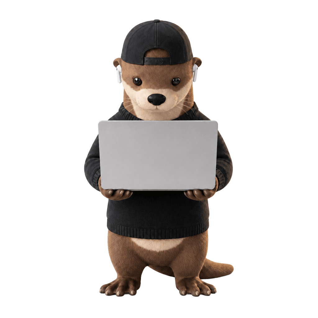 Hubi the otter working on a laptop
