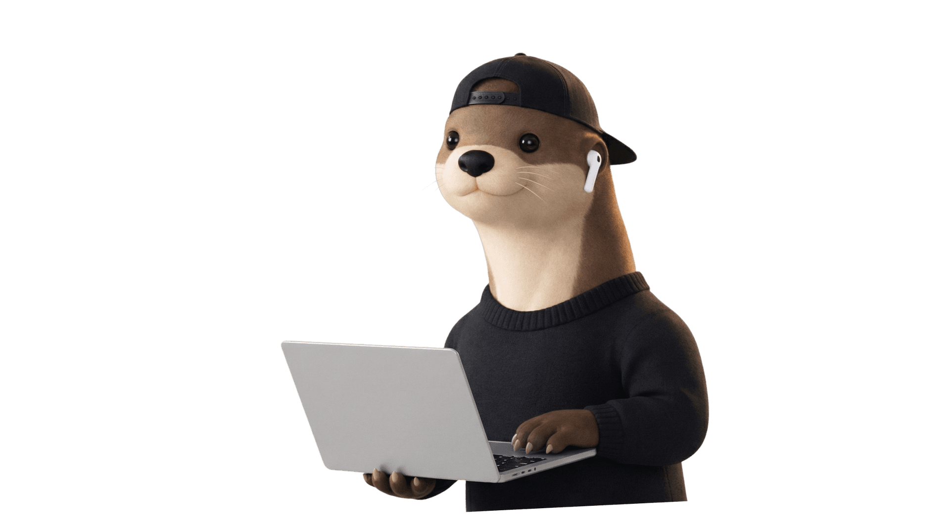 Hubi the otter working on a laptop
