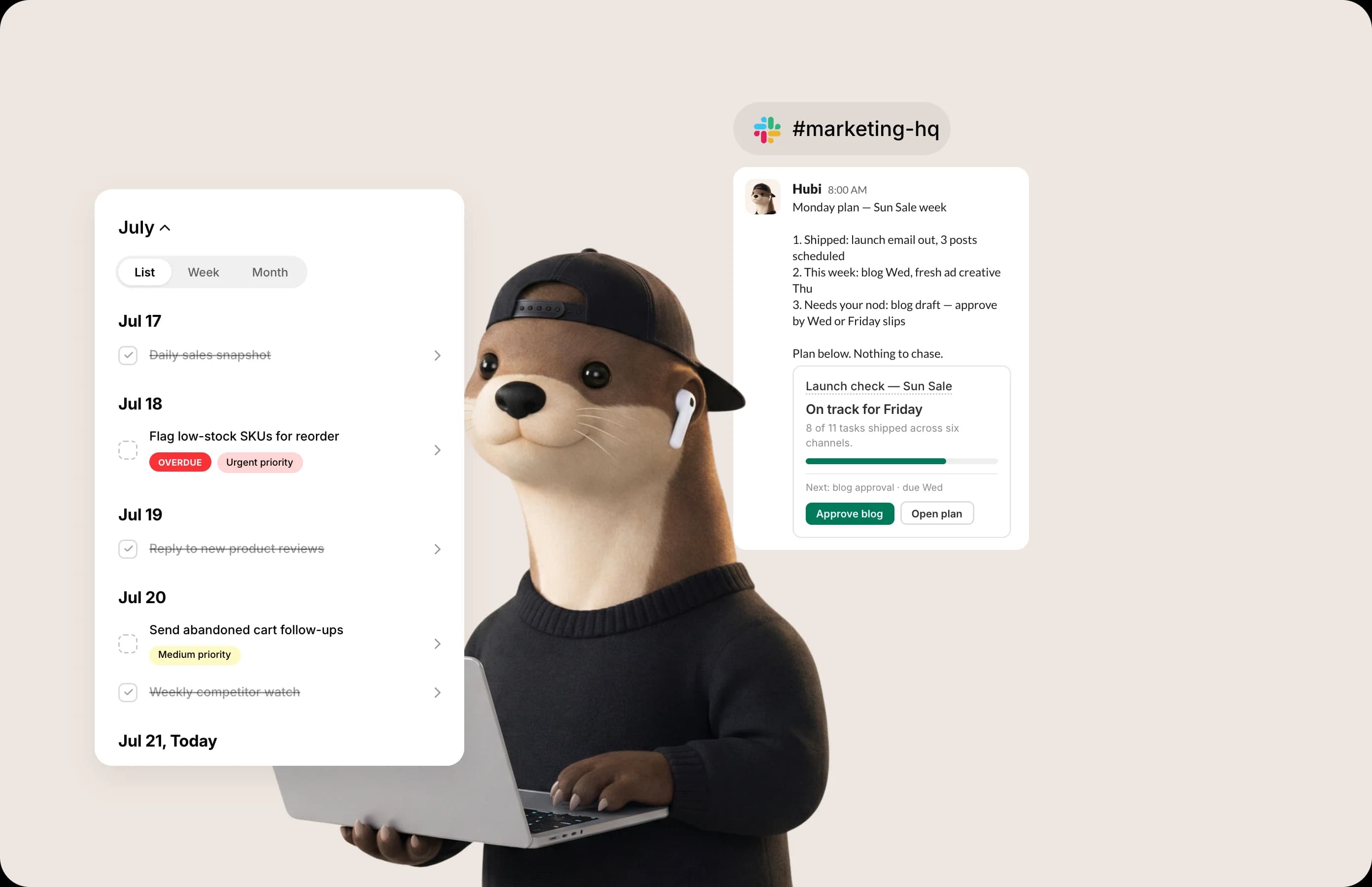 Hubi as a PM: launch calendar and a Monday plan with status in Slack