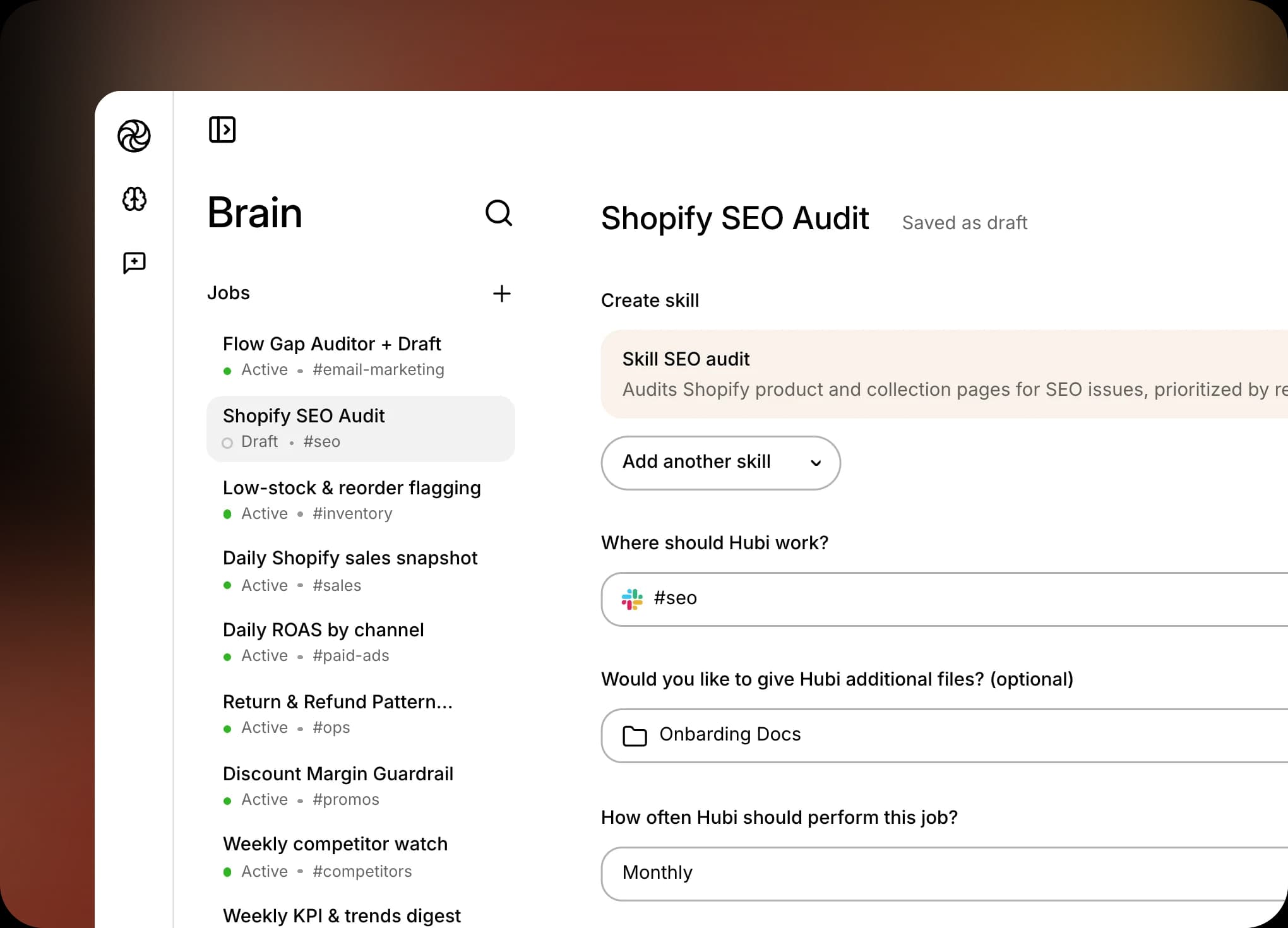 Setting up a Shopify SEO Audit job in Hubi's Brain