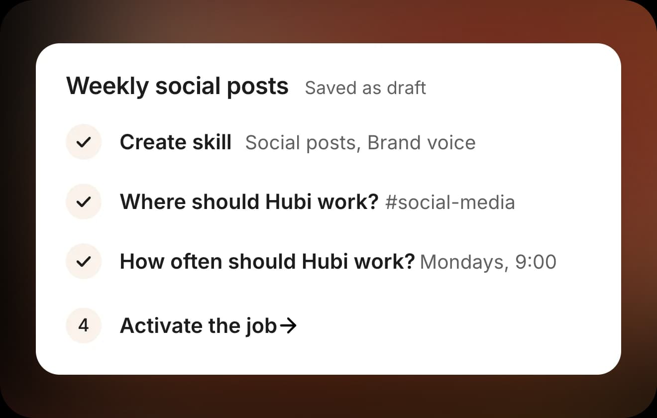 Job setup checklist: create skill, pick a channel, set the schedule, activate
