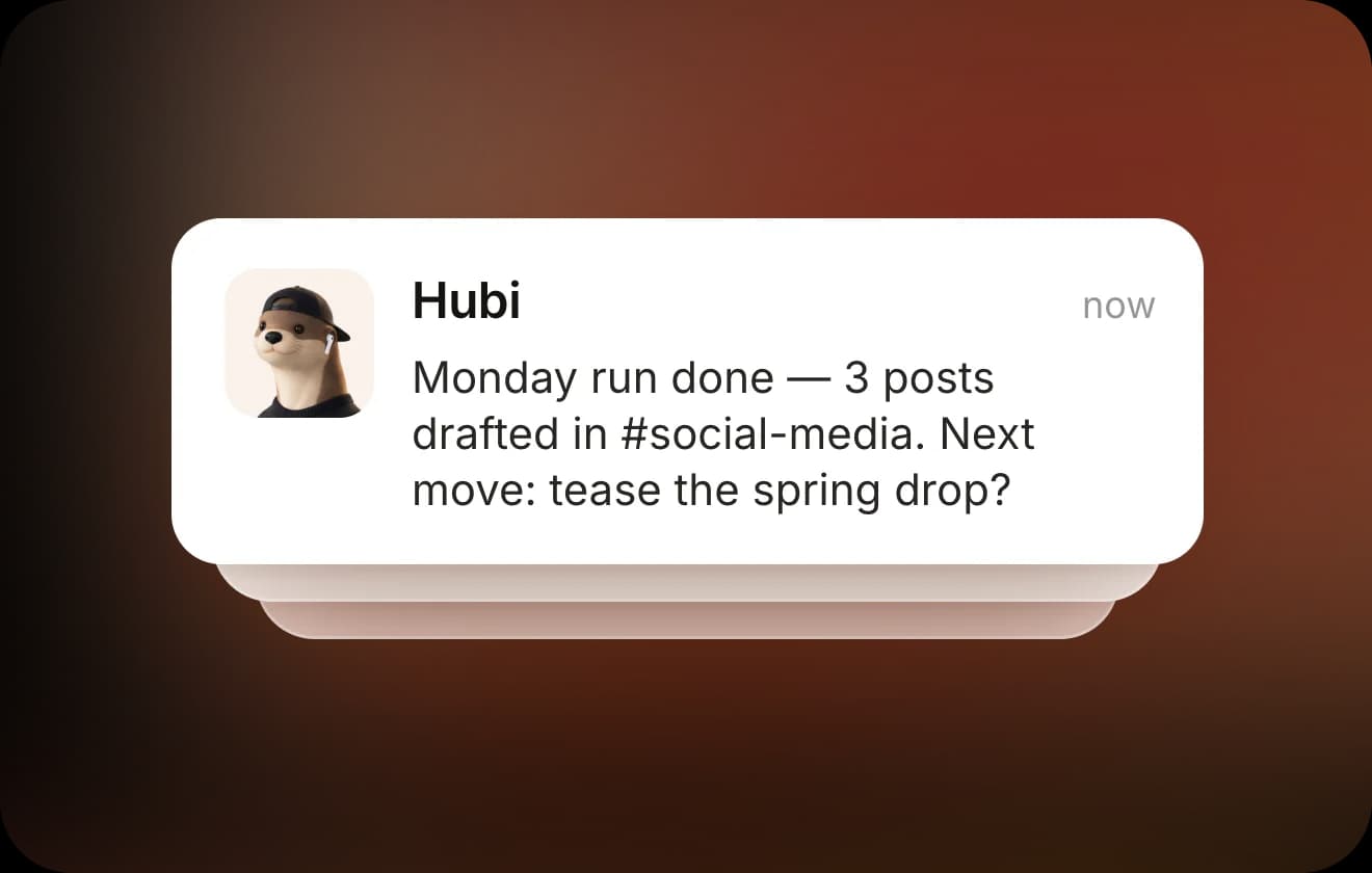 Hubi reporting a finished Monday run in Slack